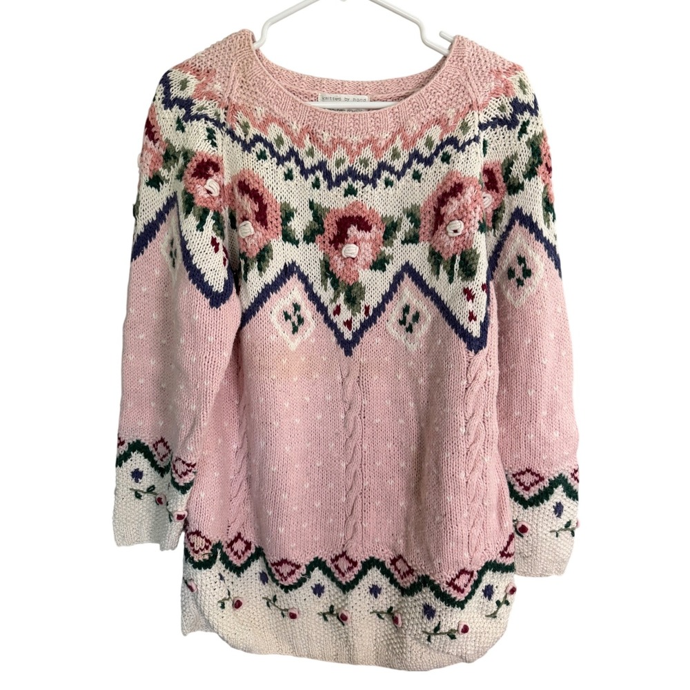 VTG Jennifer Reed Handknit Fair Isle Sweater M Pink Thanksgiving Grandma Cottage